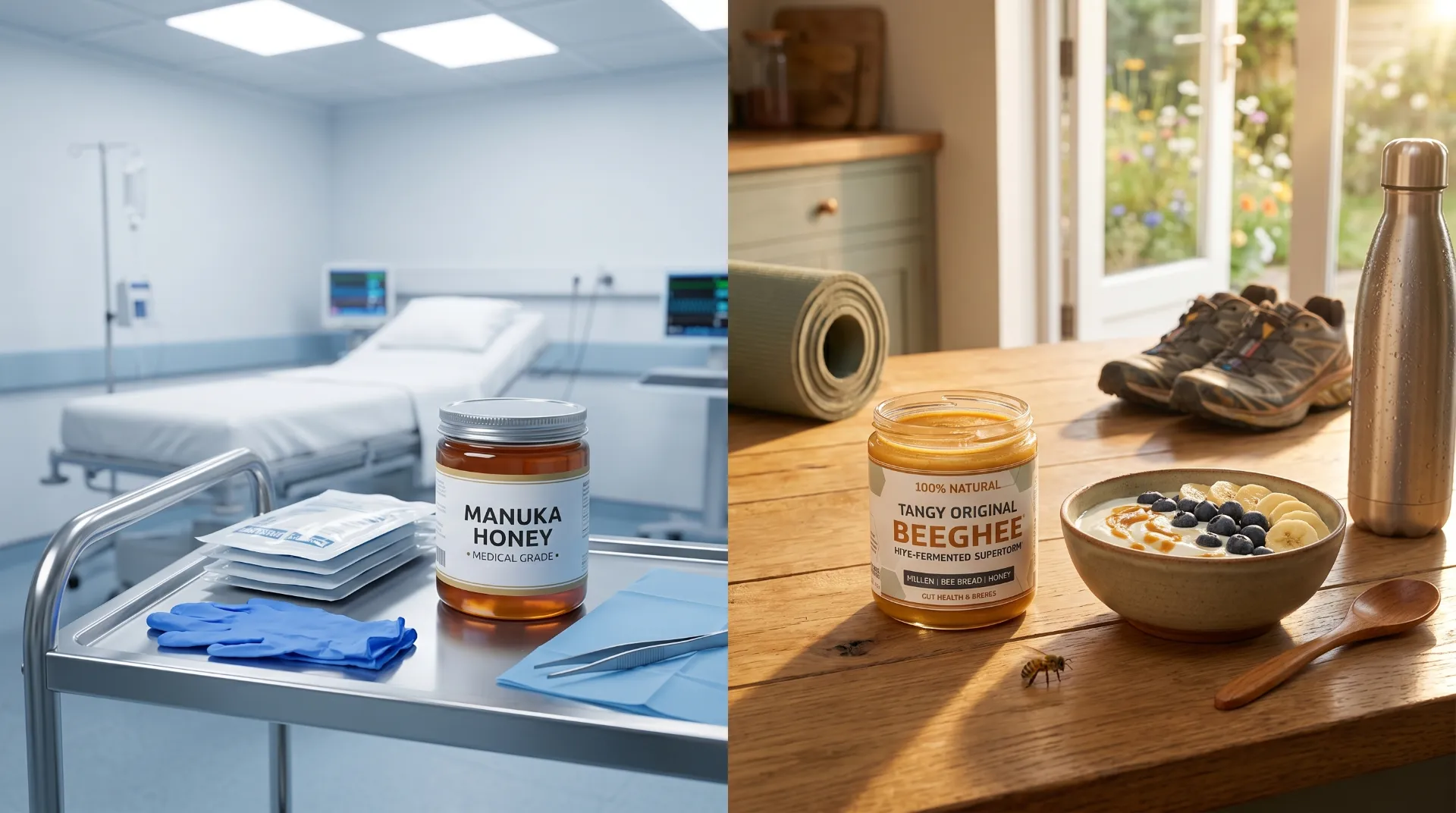 Side-by-side: Manuka honey in a clinical hospital setting vs. Beeghee jar on a kitchen table